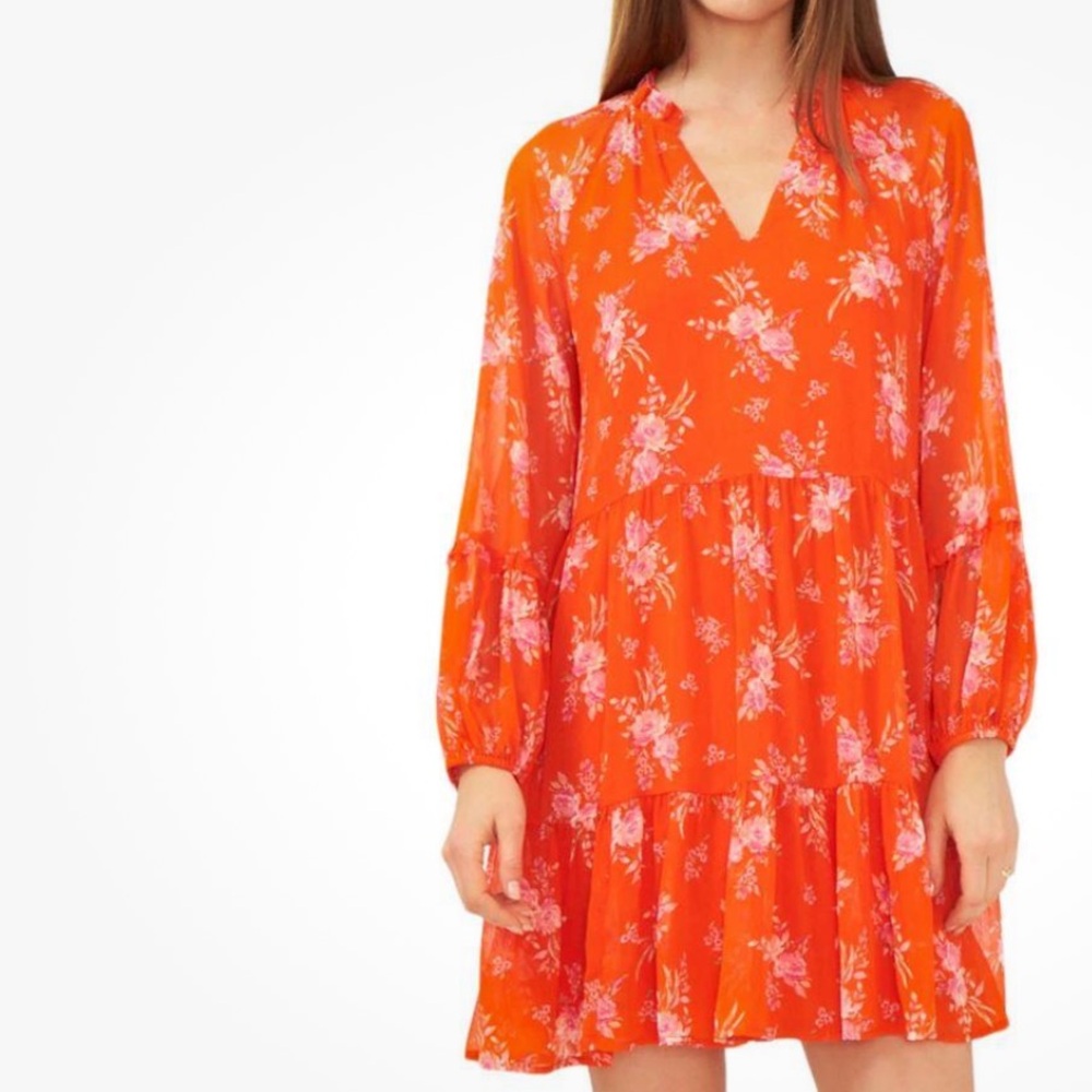 Vince Camuto NWT Orange & Pink Floral Semi Sheer Long Sleeve Flowy Dress Small